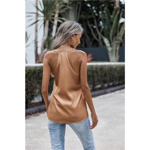 ✨ Satin V-Neck Cami Tank Top – Adjustable Spaghetti Strap Summer Blouse - Picture 4 of 5